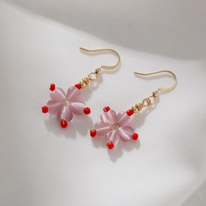 Boucles D'oreilles Pendantes Fleur De Cerisier Pierre Œil De Chat Rose Doré Douce Bijoux Pour Femmes