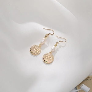 14k gold French freshwater pearl earrings with devil's eye coin pendant and crystals