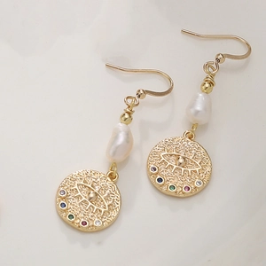 14k gold earrings with freshwater baroque pearls and colorful crystal evil eye charms