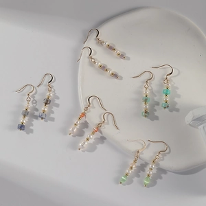 Retro French Style Drop Hook Earrings 14K Gold Plated Copper With Natural Stone And Freshwater Pearl Beaded For Women