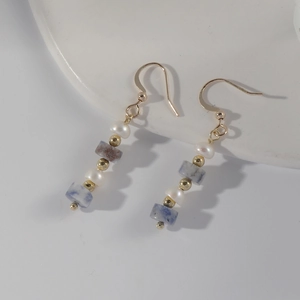 French vintage earrings with natural pearls and blue marbled stone beads in 14k gold plating