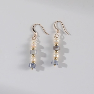 Bohemian 14k gold plated earrings with freshwater pearls and blue natural stone beads