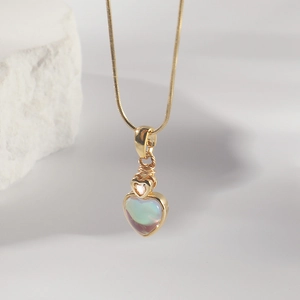 Collier Pendentif Coeur Plqué Or Acier Inoxydable Chaîne Serpent Pierre Oeil De Chat Irisante Double Coeur Bijoux Minimalistes Pour Femmes