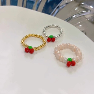 Anello Di Perline Carino Con Ciondolo A Ciliegia Perline Di Rame Imitazione Perla Artificial Gioielli Elastici Per Donne Ragazze Stile Pastorale