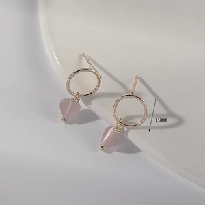 925 silver 14K gold circle earrings with pink heart cat eye stone pendants for women