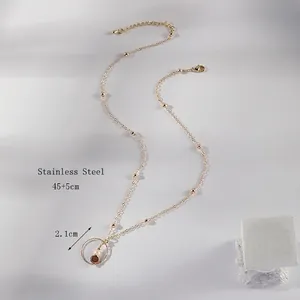 14K gold plated stainless steel necklace with round freshwater pearl and colorful gemstone