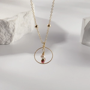 French style 14K gold plated stainless steel necklace with freshwater pearl and red bead