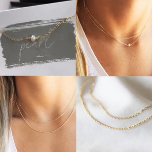 Freshwater Pearl Necklace 14K Gold Plated Stainless Steel Double Layer Elegant Stacked Clavicle Chain Jewelry Women