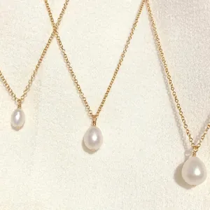 Three sizes of natural freshwater pearl necklaces with 14K gold plated titanium chains