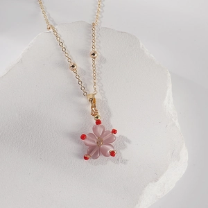 Pink Flower Pendant Necklace Gold Plated Stainless Steel Bead Chain Cat Eye Stone Sweet Peach Blossom Jewelry For Women