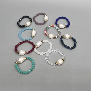 Beaded Ring With Freshwater Pearl Faceted Colorful Glass Beads Elastic Stretch Band Minimalist Jewelry For Women
