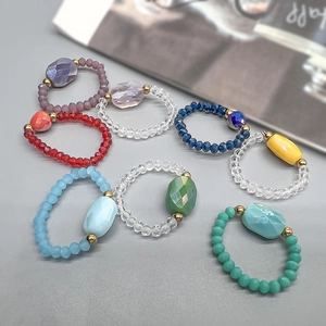 Beaded Ring Faceted Glass Gemstone Stainless Steel Beads Elastic Stretch Fashion Jewelry Women Girls Bohemian Style