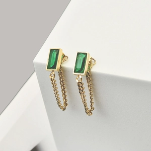 Women Vintage Green Zircon Rectangular Dangle Earrings 18K Gold Plated Titanium Steel Geometric Cuban Chain Jewelry