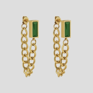 Golden titanium steel chain earrings featuring rectangular green zircon drop crystals