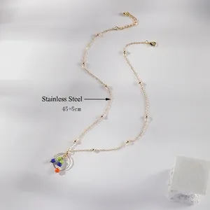 Minimalist stainless steel gold necklace with colorful beads, 45+5cm adjustable chain