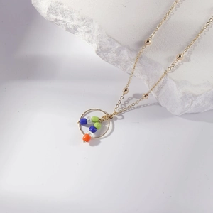 Stainless Steel Round Circle Pendant Necklace With Colorful Beads Minimalist Geometric O-Chain Jewelry For Women