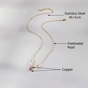 Collier doré en acier inoxydable avec pendentif cœur violet et perles d'eau douce