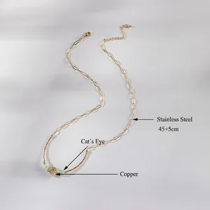 Minimalist 14K gold plated stainless steel necklace with cat eye stone pendant
