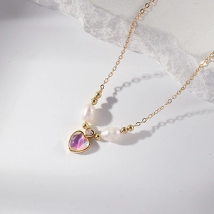 Collier Pendentif Cœur Chaîne En Acier Inoxydable Cadre Cuivre Perle Eau Douce Pierre Œil De Chat Violet Zirconia Pour Femme
