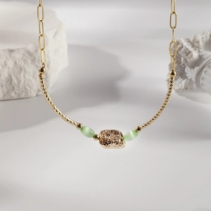 Women 14K Gold Plated Stainless Steel Necklace With Hammered Copper Pendant And Green Cat Eye Stone Paperclip Chain