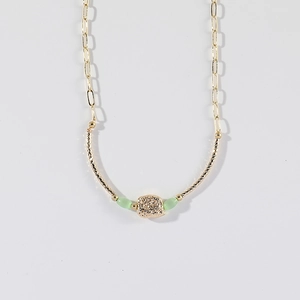 Minimalist 14K gold-plated paperclip chain necklace with green beads and textured pendant