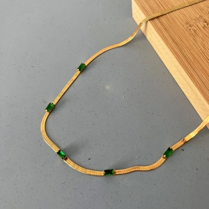 Stainless Steel 18K Gold Plated Herringbone Necklace With Rectangular Green Zircon Emerald Style Retro For Women