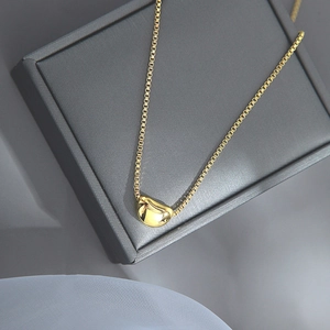Stainless Steel Bean Pendant Necklace Polished Box Chain Minimalist Clavicle Jewelry For Women Gold Tone