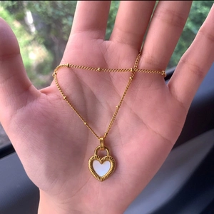 Golden heart locket necklace with white enamel inlay and ball chain for women