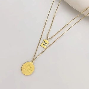 Double Layer Necklace 18K Gold Plated Stainless Steel Good Luck Paris Engraved Coin Pendant Jewelry For Women Dainty