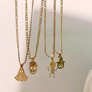 Halloween Ghost Skeleton Pumpkin Pendant Necklace Gold Plated Stainless Steel Figaro Chain Fashion Jewelry For Men Women