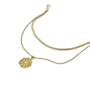 Double-layered gold necklace featuring a flat herringbone snake chain and spider web pendant