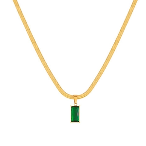 Gold snake chain necklace with emerald green rectangular zircon pendant on white background