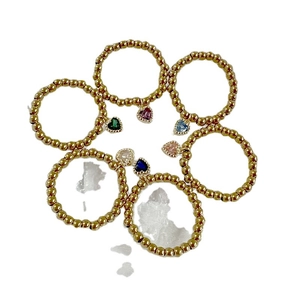Elastic gold bead ring set with six colorful heart-shaped zircon crystal pendants