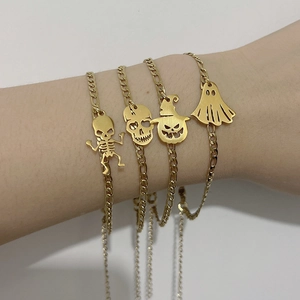 Halloween Pendant Bracelet Stainless Steel Figaro Chain Pumpkin Skull Ghost Skeleton Jewelry Gold Plated Trendy Unisex