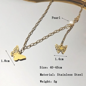 Collier papillon doré en acier inoxydable avec perle et double breloque, chaîne de 45cm