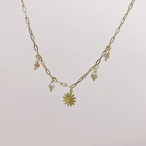 Daisy Sunflower Pendant Necklace Stainless Steel With Artificial Pearl And Cat Eye Stone Sweet Floral Jewelry For Women