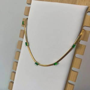 Elegant 18k gold plated snake chain necklace with five rectangular emerald green zircons