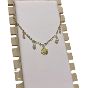 Daisy and pearl pendant necklace with pink cat-eye beads on golden titanium steel chain