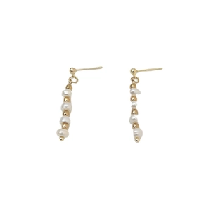 Elegant 925 silver needle pearl tassel earrings with gold beads in a linear drop design