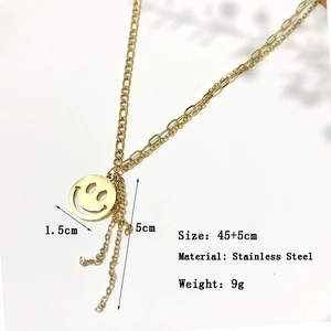 Detail of 18K gold-plated smiley pendant necklace with tassel dimensions and material specs