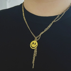 Women 18K Gold Plated Stainless Steel Necklace Fashion Smiley Face Pendant Tassel Splicing Clavicle Chain