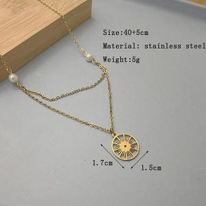 Collier double épaisseur en acier inoxydable avec pendentif soleil et perles