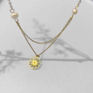 Collier Double Rang Pendentif Soleil Acier Inoxydable Avec Künstliche Perle Bijoux Bohèmes Plaqué Or Pour Femme