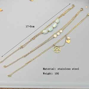 Ensemble de trois bracelets dorés en acier inoxydable avec perles bleues et charms, 17+5cm