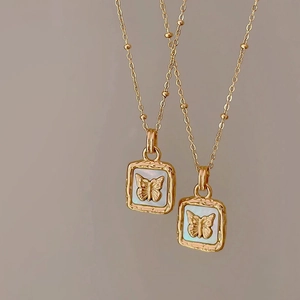 Collana Con Ciondolo A Farfalla Acciaio Inossidabile Madreperla Medaglione Quadrato Stile Francese Vintage Donna Catenina