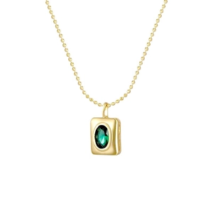Gold rectangular emerald zircon pendant necklace with bead chain for women's layering