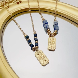 Retro 18K gold plated evil eye pendant necklace with blue beads and celestial motifs