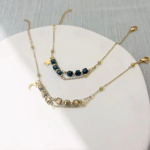Minimalist double-layer star and moon charm bracelets with gold beads for women