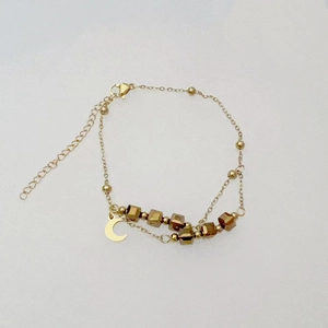 Gold double-layered titanium steel bracelet with moon pendant and geometric beads