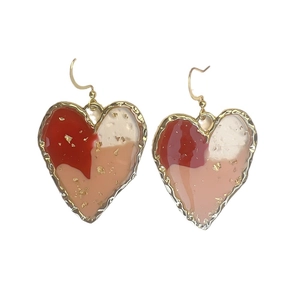 18K gold plated heart earrings with tricolor enamel and gold foil flakes on white background